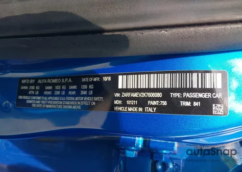 2019 Alfa Romeo Giulia Quadrifoglio Rwd из США, поврежденный, VIN ZARFAMEV2K7606080